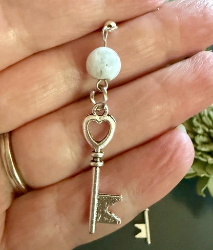 Heart Key Charm Gemstone Earrings with Moonstone Beads.