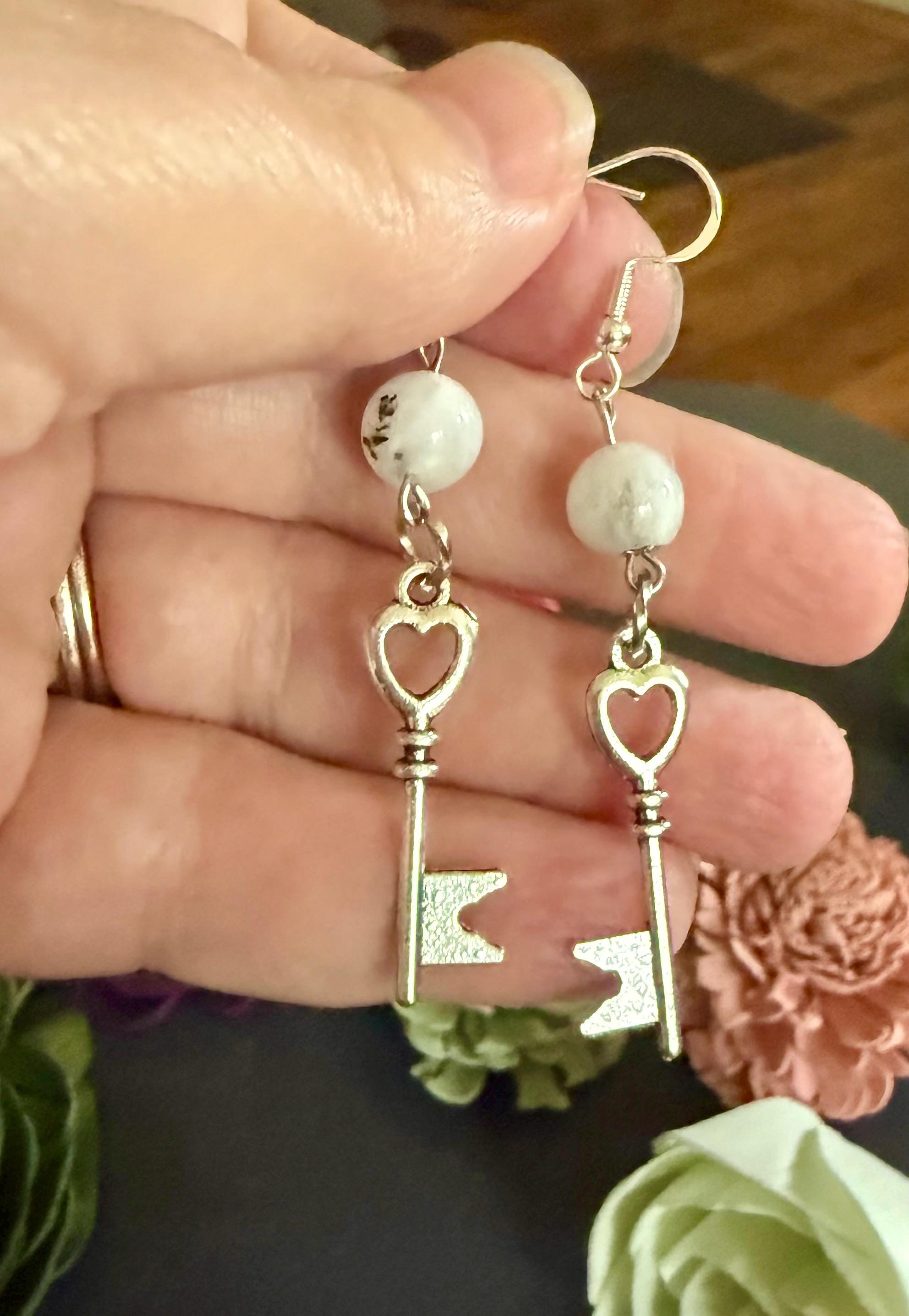 Heart Key Charm Gemstone Earrings with Moonstone Beads.