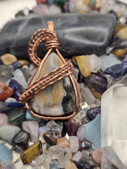 Hand-crafted Wire Wrapped Orbicular Ocean Jasper Crystal Pendant
