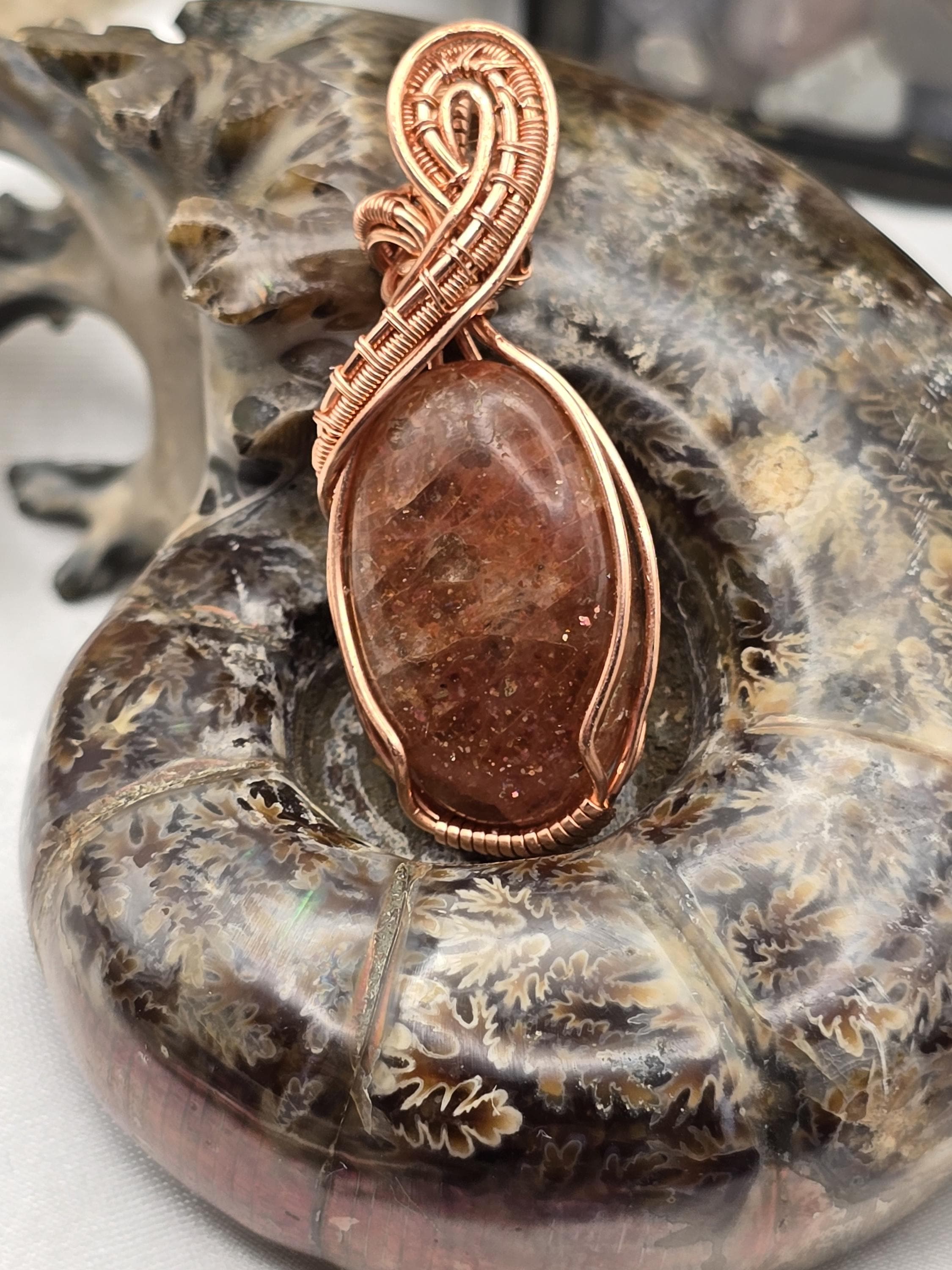 Hand-crafted Wire Wrapped Confetti Sunstone Crystal Pendant