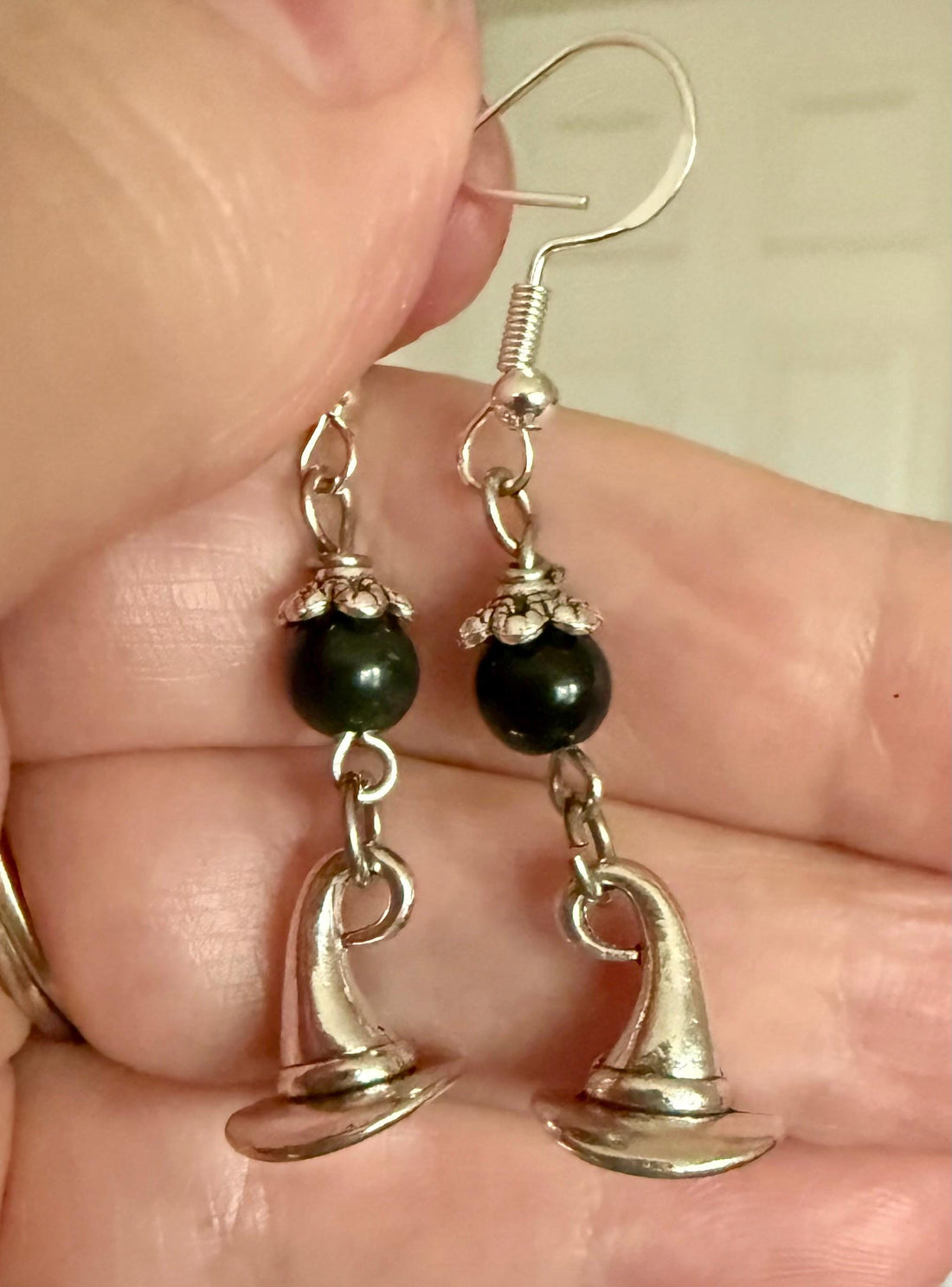 Black Obsidian Witches Hat Charm Halloween Dangle Earrings.