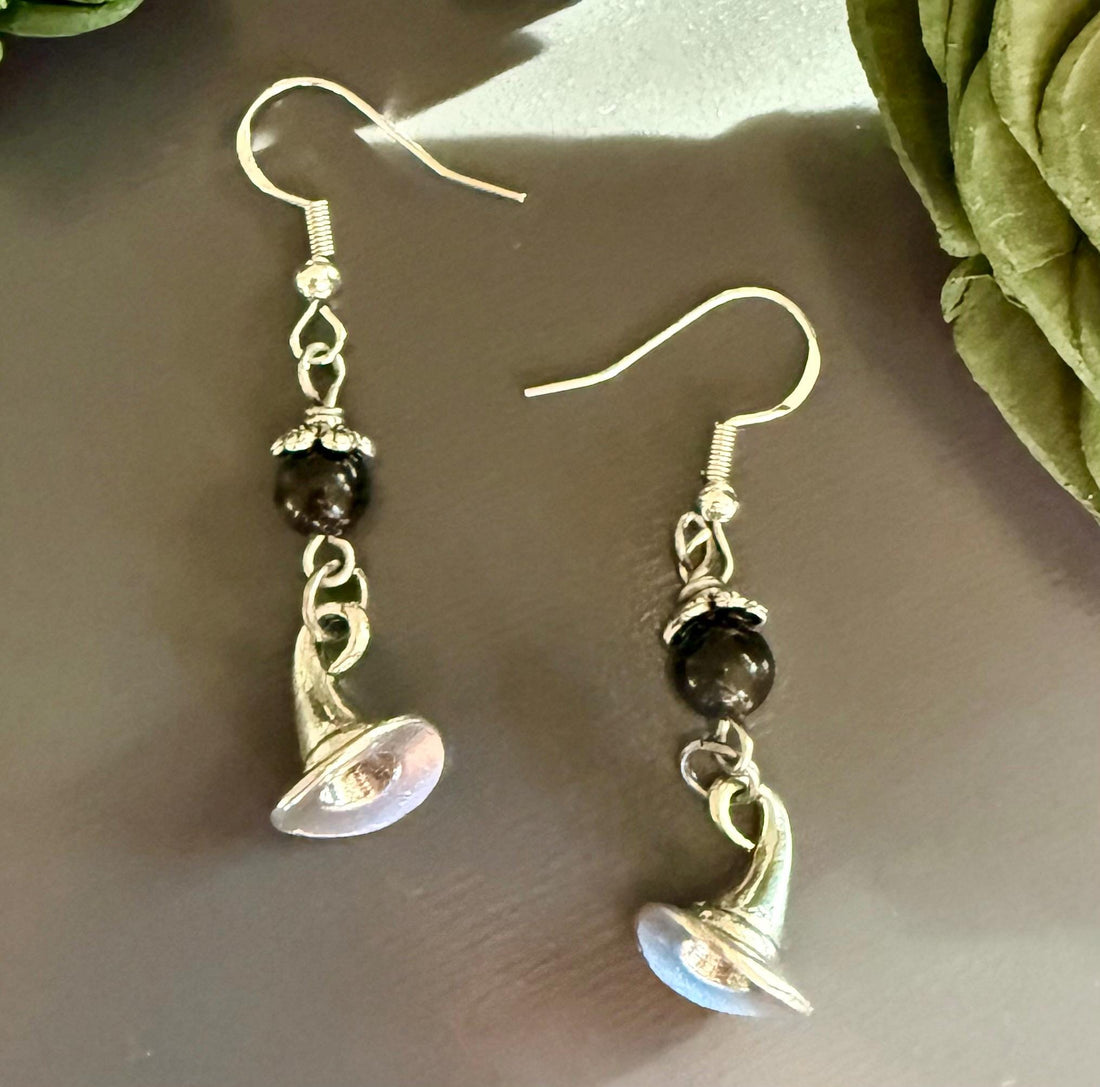 Black Obsidian Witches Hat Charm Halloween Dangle Earrings.