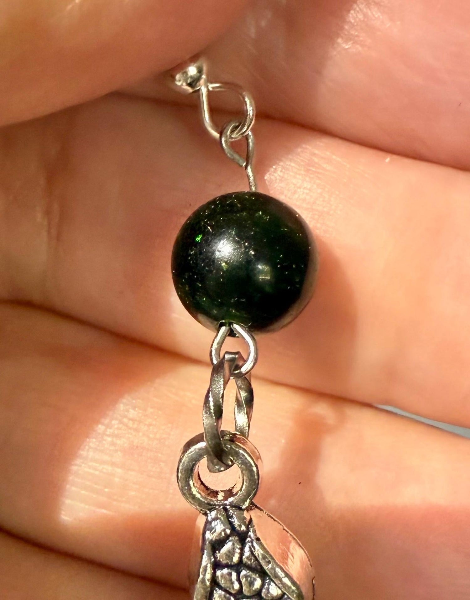 Medusa Silver Serpent Earrings with Shimmery Green Goldstone Gemstone.