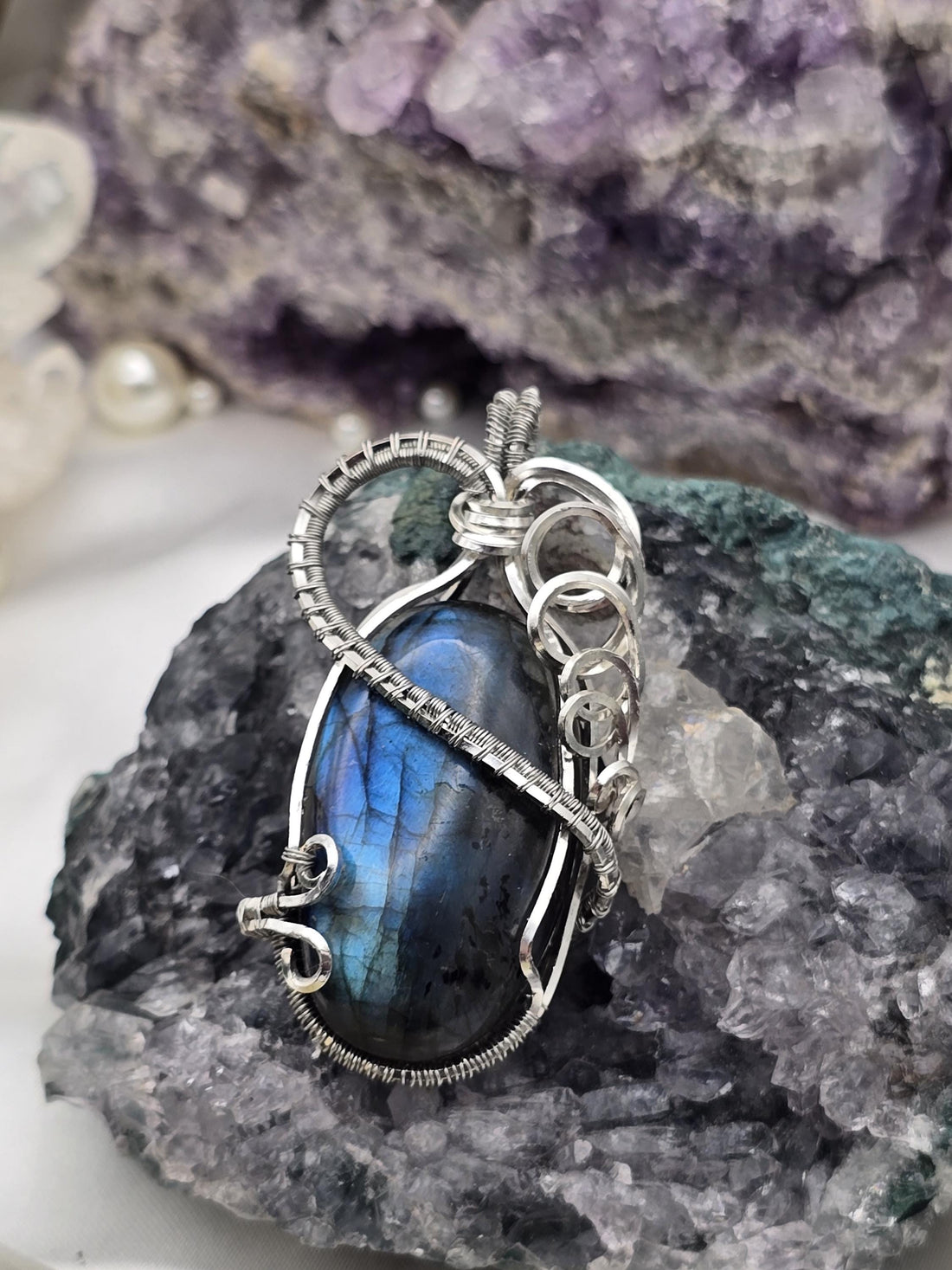 Hand-crafted Wire Wrapped Labradorite Crystal Pendant