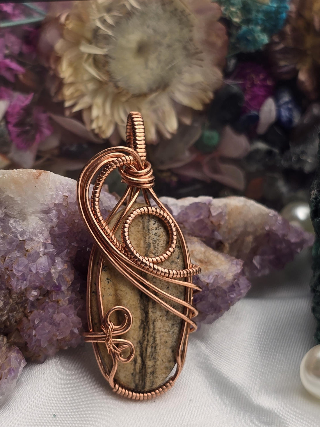 Hand-crafted Wire Wrapped Picture Jasper Crystal Pendant