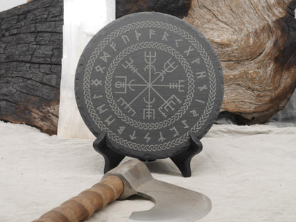 Slate Vegvisir Altar Tray with Elder Futhark Runes and Celtic Border