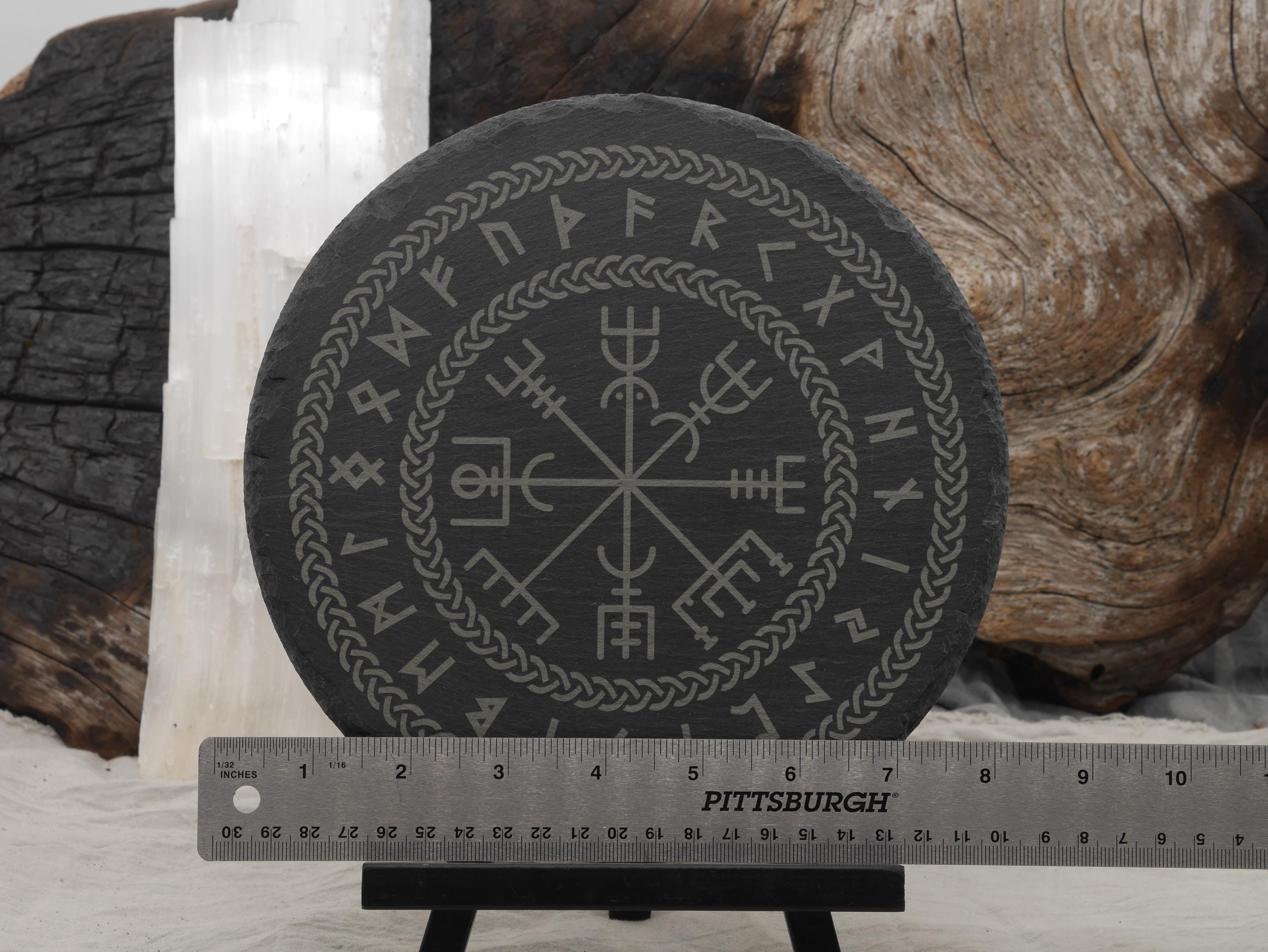 Slate Vegvisir Altar Tray with Elder Futhark Runes and Celtic Border