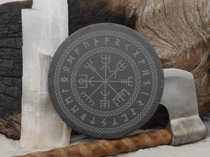 Slate Vegvisir Altar Tray with Elder Futhark Runes and Celtic Border