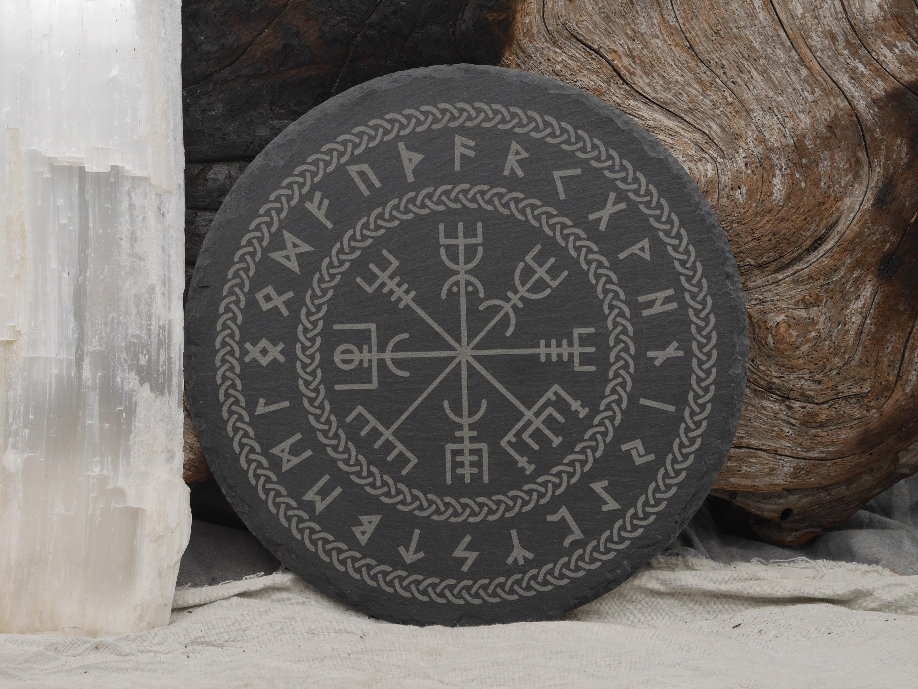 Slate Vegvisir Altar Tray with Elder Futhark Runes and Celtic Border