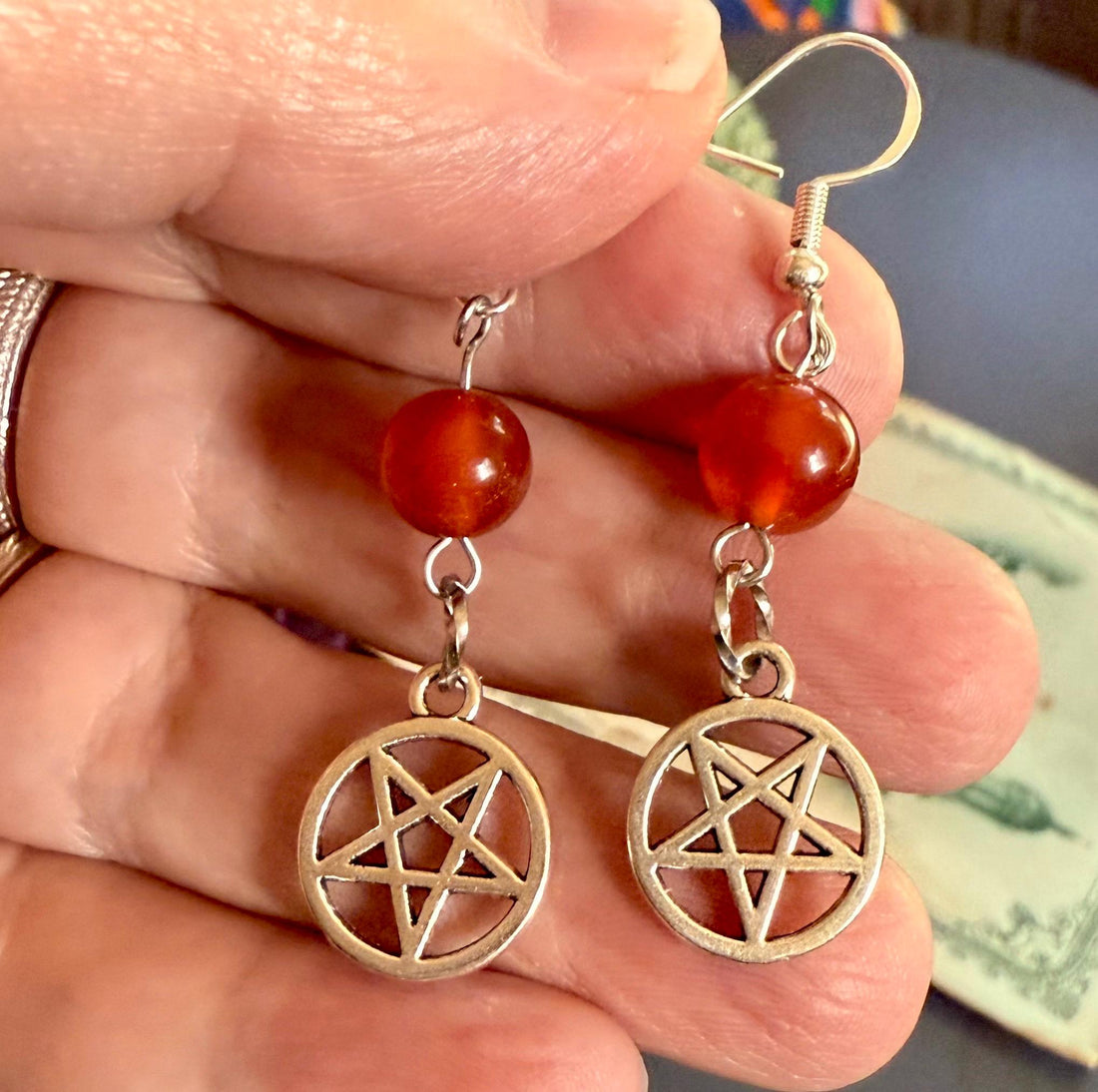 Inverted Pentagram Satanic Symbol Earrings with Carnelian Gemstone.