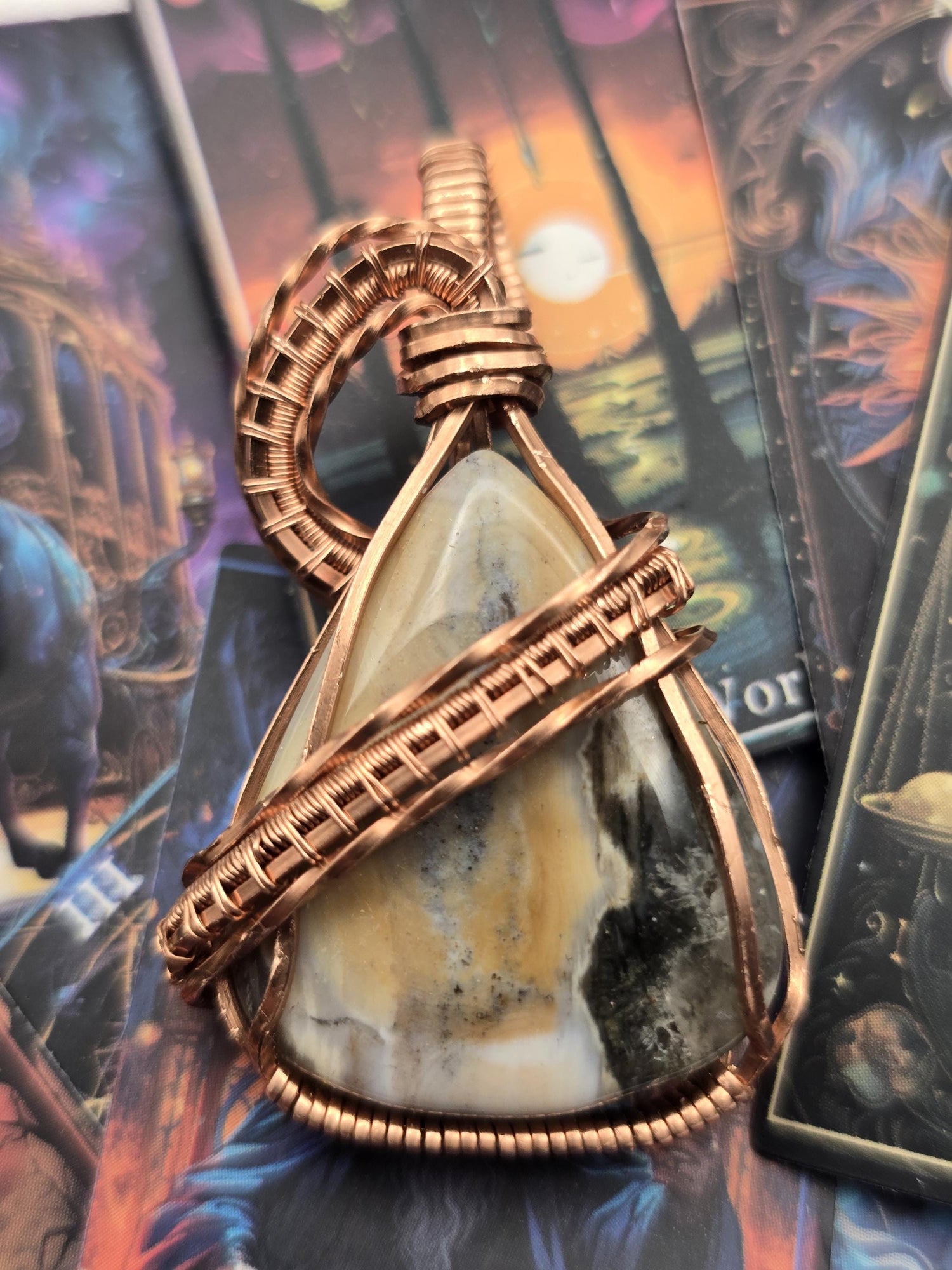 Hand-crafted Wire Wrapped Orbicular Ocean Jasper Crystal Pendant