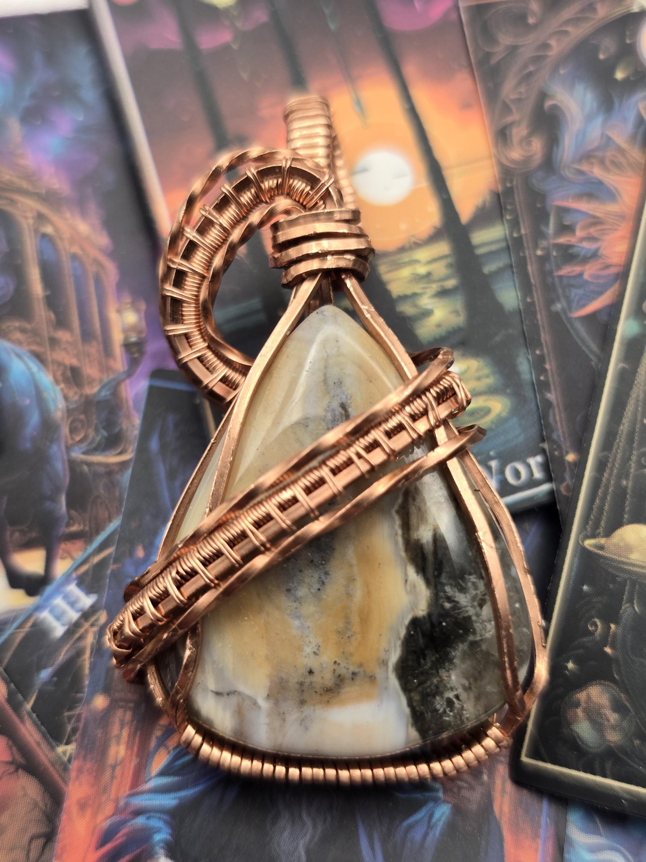 Hand-crafted Wire Wrapped Orbicular Ocean Jasper Crystal Pendant