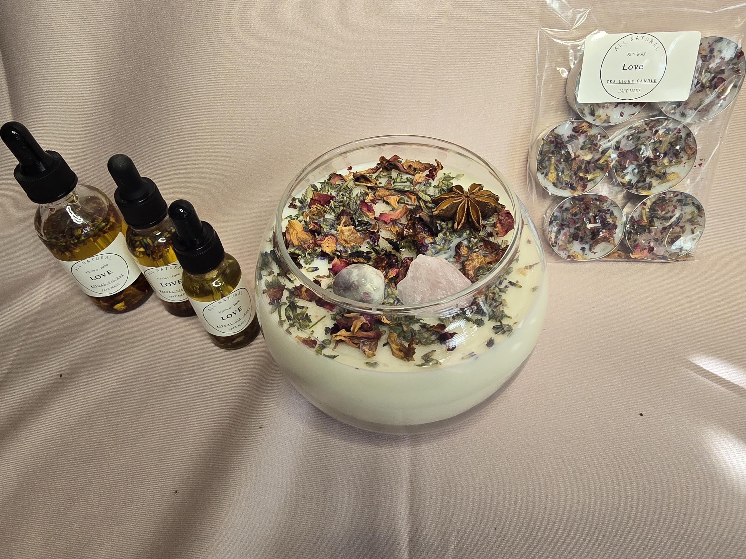 Love Attraction Intention Candle: Rose Quartz, Carnelian, Herbs, Flowers
