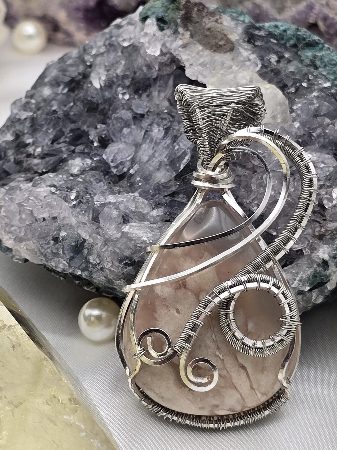 Hand-crafted Wire Wrapped Flower Agate Crystal Pendant