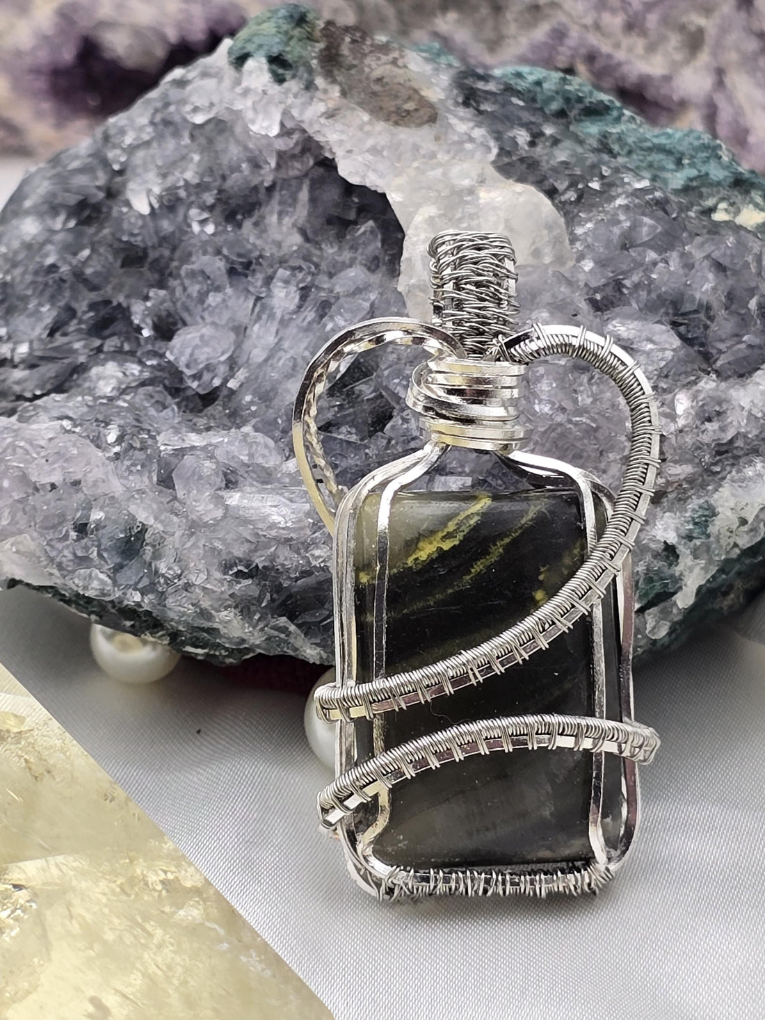Hand-crafted Wire Wrapped Bumblebee Jasper Rectangle Pendant