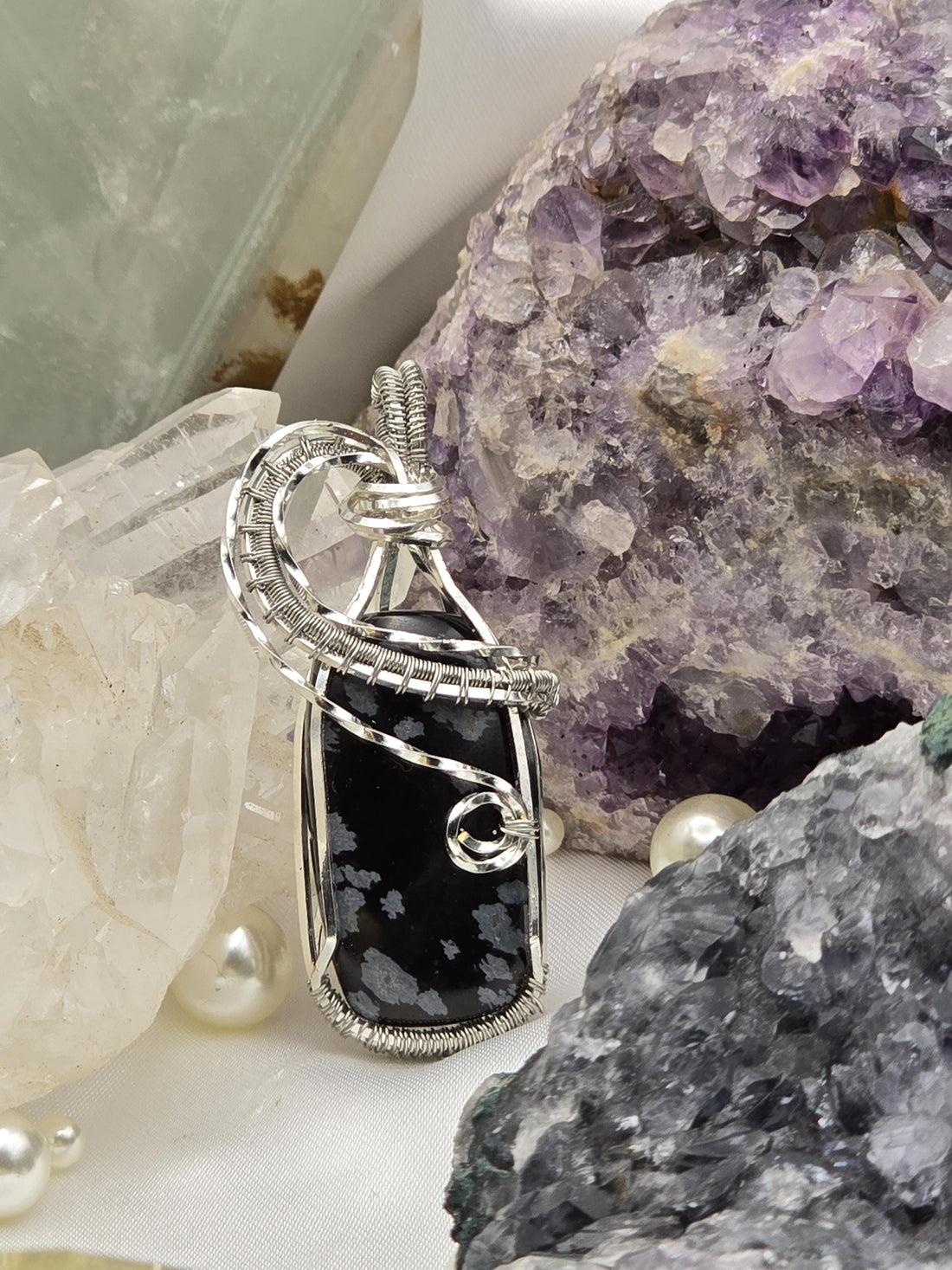 Hand-crafted Wire Wrapped Snowflake Obsidian Crystal Pendant