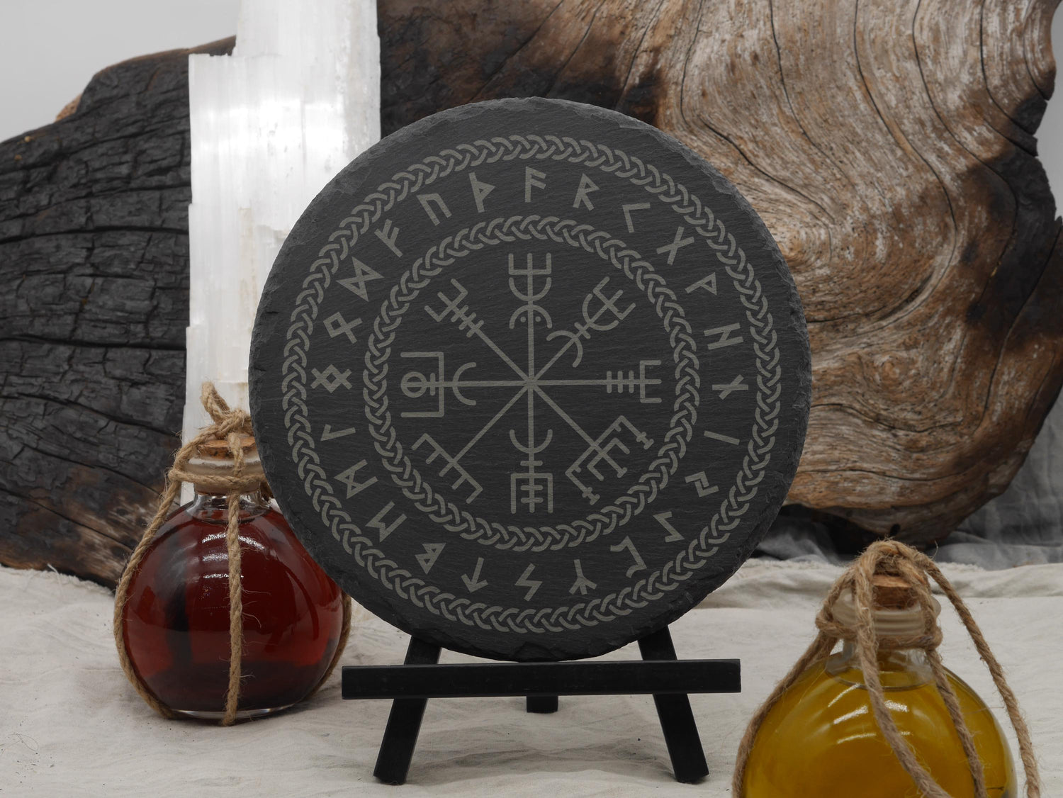 Slate Vegvisir Altar Tray with Elder Futhark Runes and Celtic Border