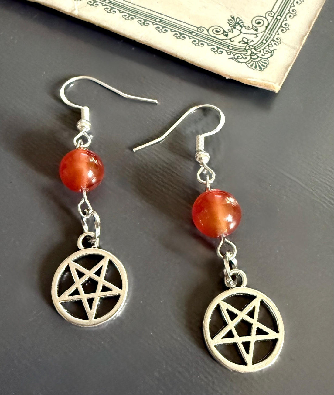 Inverted Pentagram Satanic Symbol Earrings with Carnelian Gemstone.