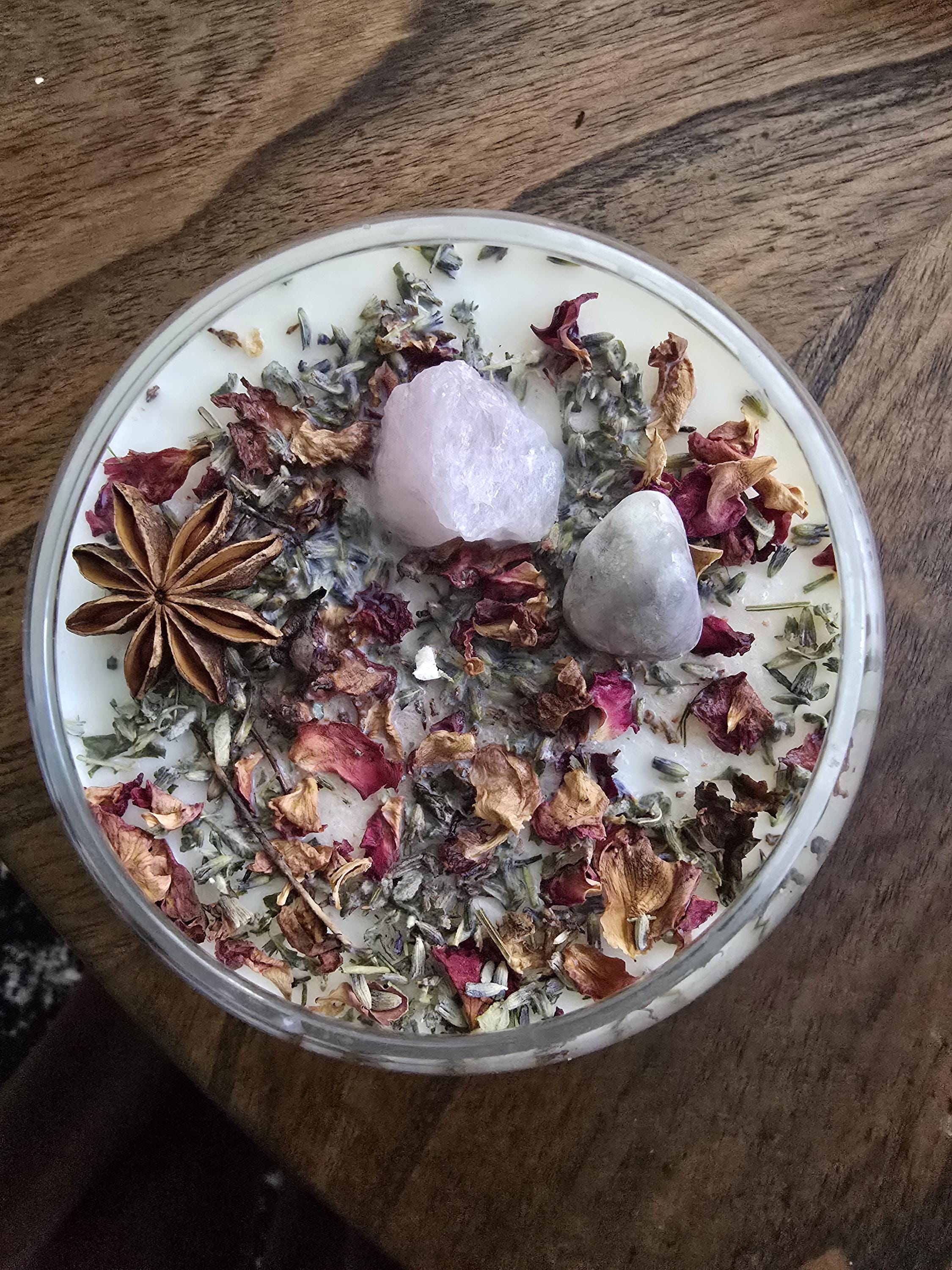 Love Attraction Intention Candle: Rose Quartz, Carnelian, Herbs, Flowers