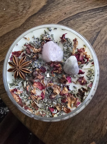Love Attraction Intention Candle: Rose Quartz, Carnelian, Herbs, Flowers