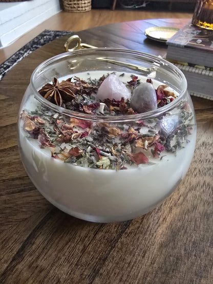 Love Attraction Intention Candle: Rose Quartz, Carnelian, Herbs, Flowers