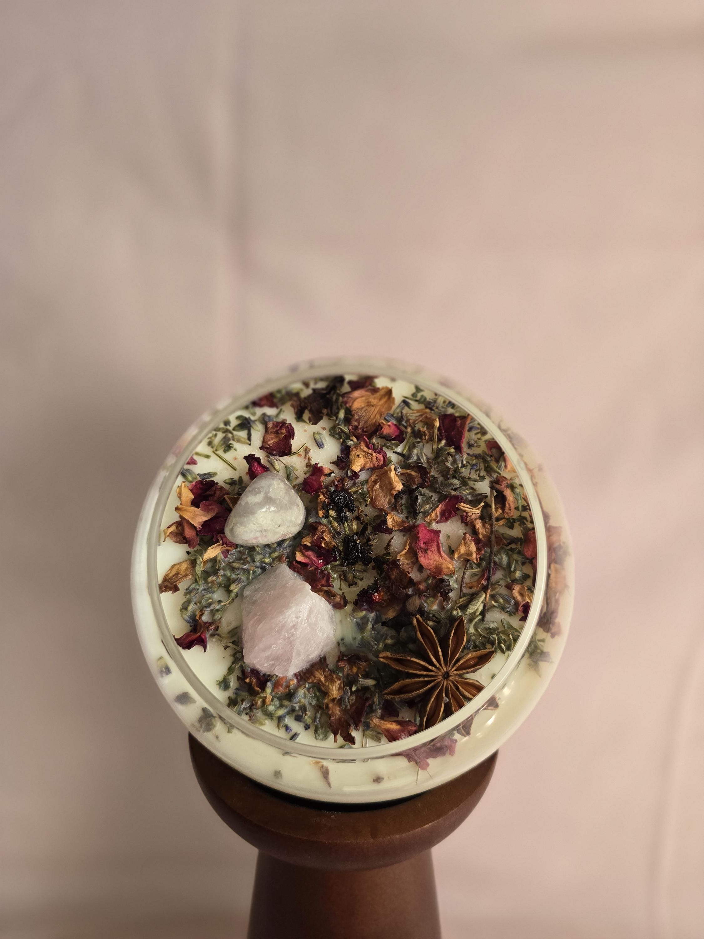 Love Attraction Intention Candle: Rose Quartz, Carnelian, Herbs, Flowers