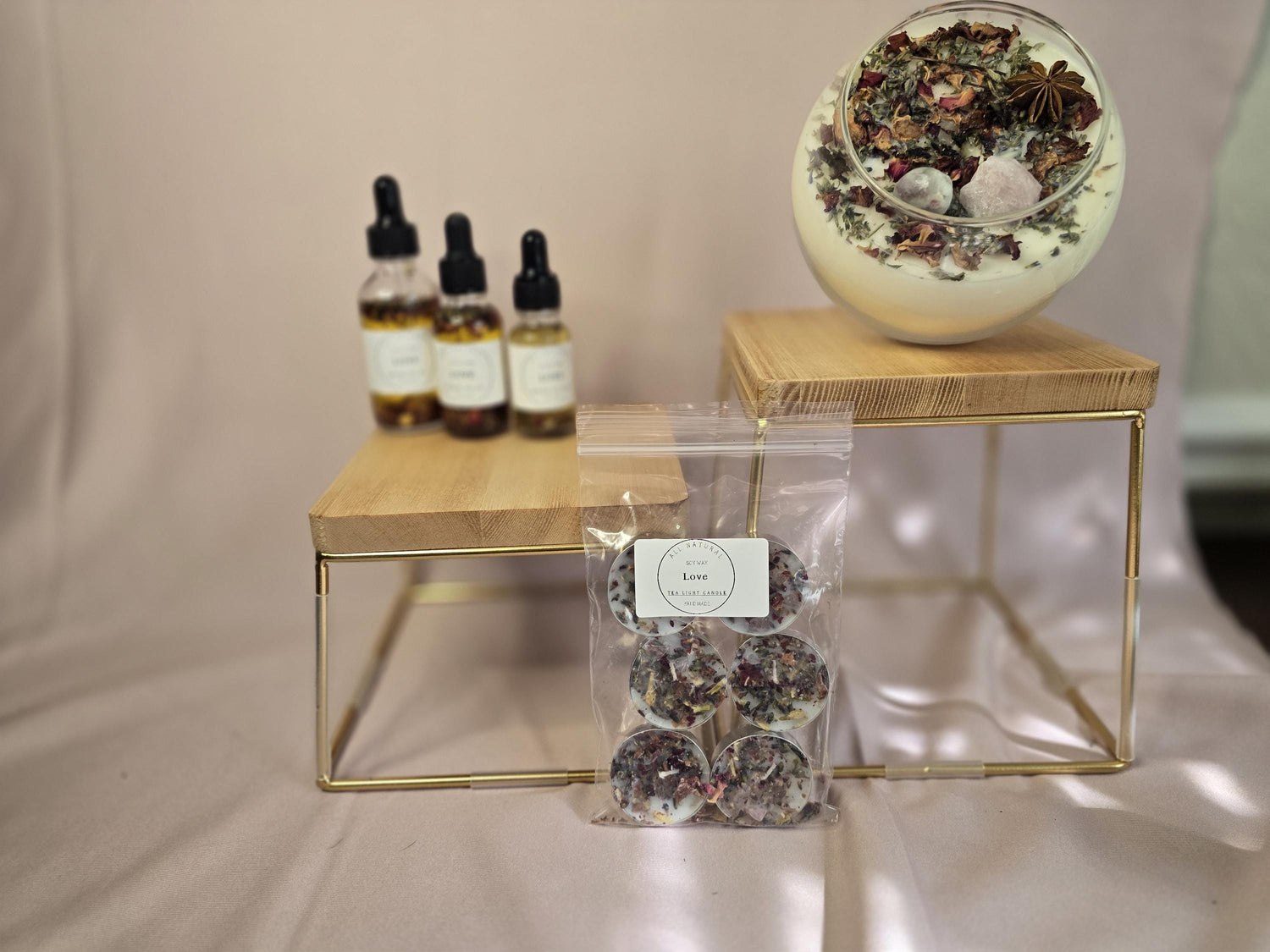 Love Attraction Intention Candle: Rose Quartz, Carnelian, Herbs, Flowers