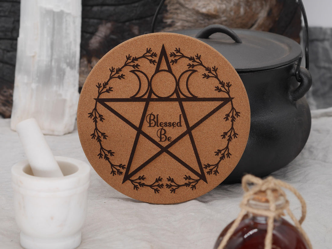 Blessed Be with Triple Moon Cork Trivet | Laser Engraved Cottage Core Decor (7 1/2&amp;quot;)