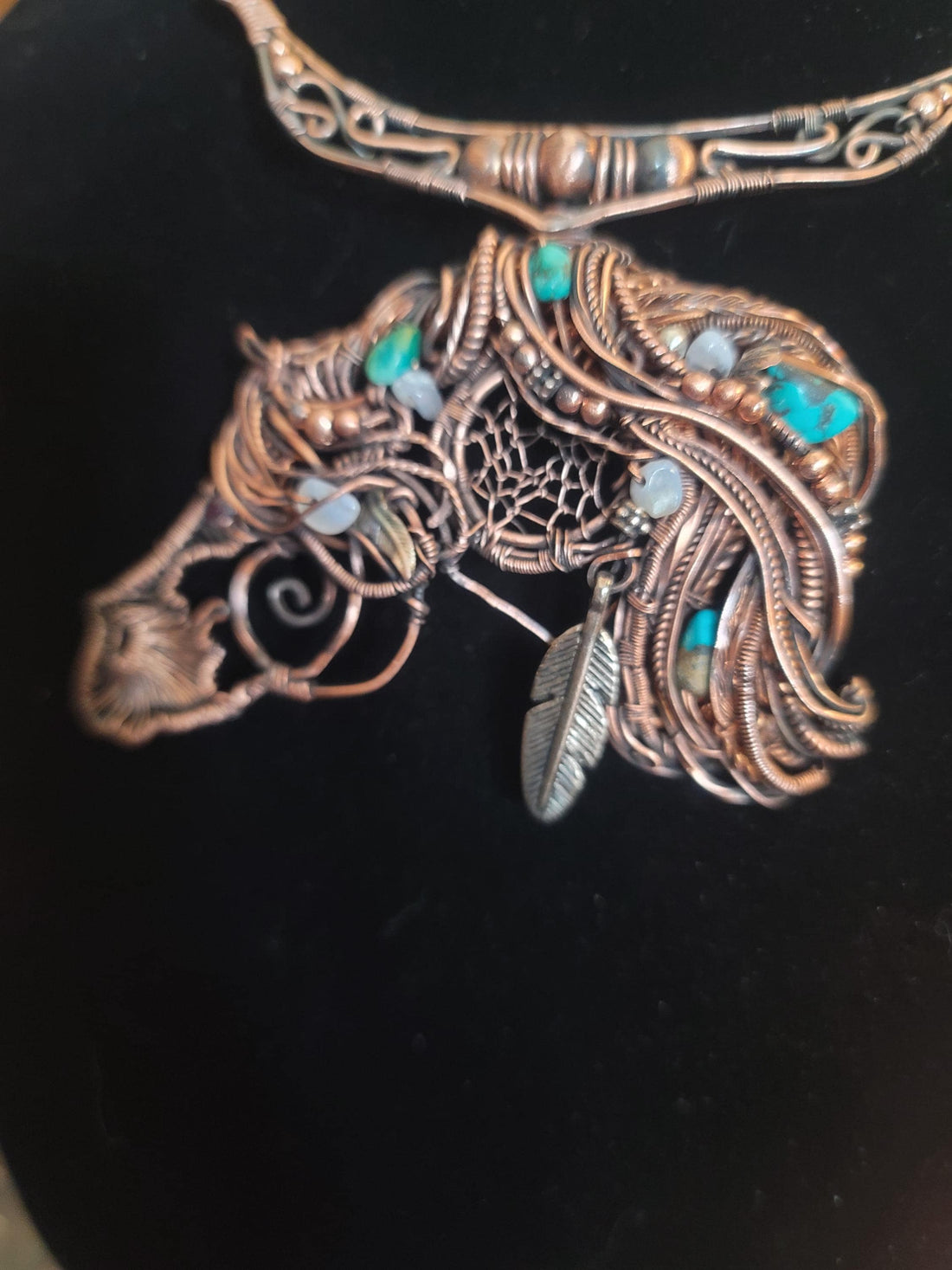 Copper Wire Horse Necklace, Sterling Silver Feather, Turquoise Equestrian Pendant