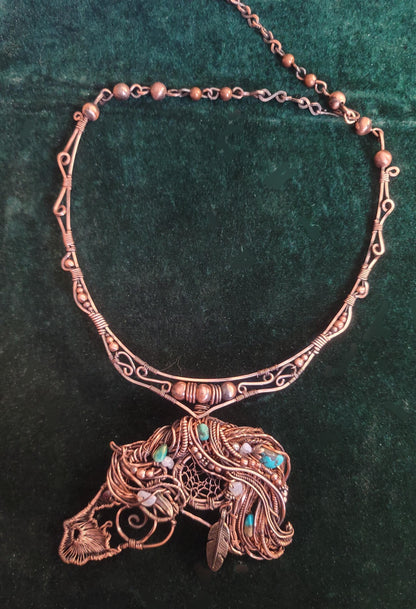 Copper Wire Horse Necklace, Sterling Silver Feather, Turquoise Equestrian Pendant