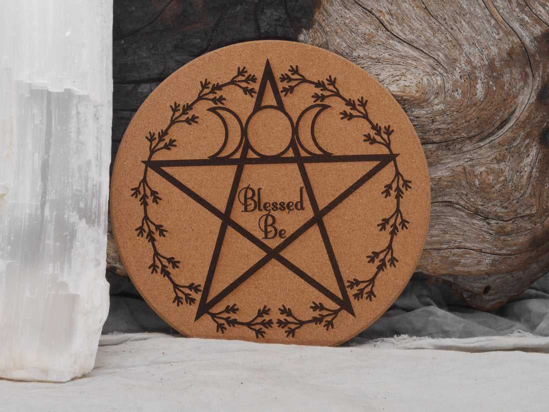 Blessed Be with Triple Moon Cork Trivet | Laser Engraved Cottage Core Decor (7 1/2&amp;quot;)