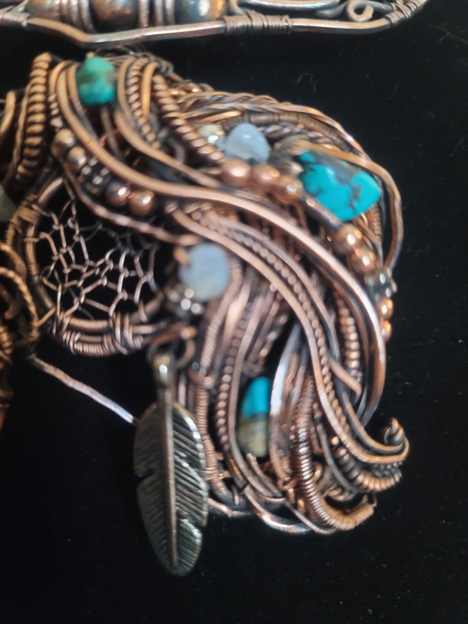 Copper Wire Horse Necklace, Sterling Silver Feather, Turquoise Equestrian Pendant