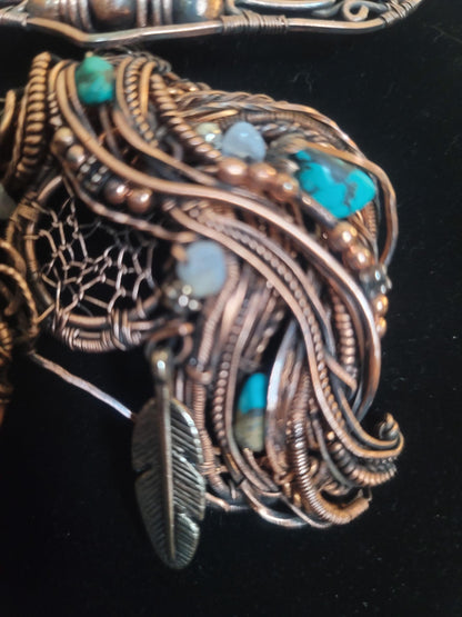 Copper Wire Horse Necklace, Sterling Silver Feather, Turquoise Equestrian Pendant