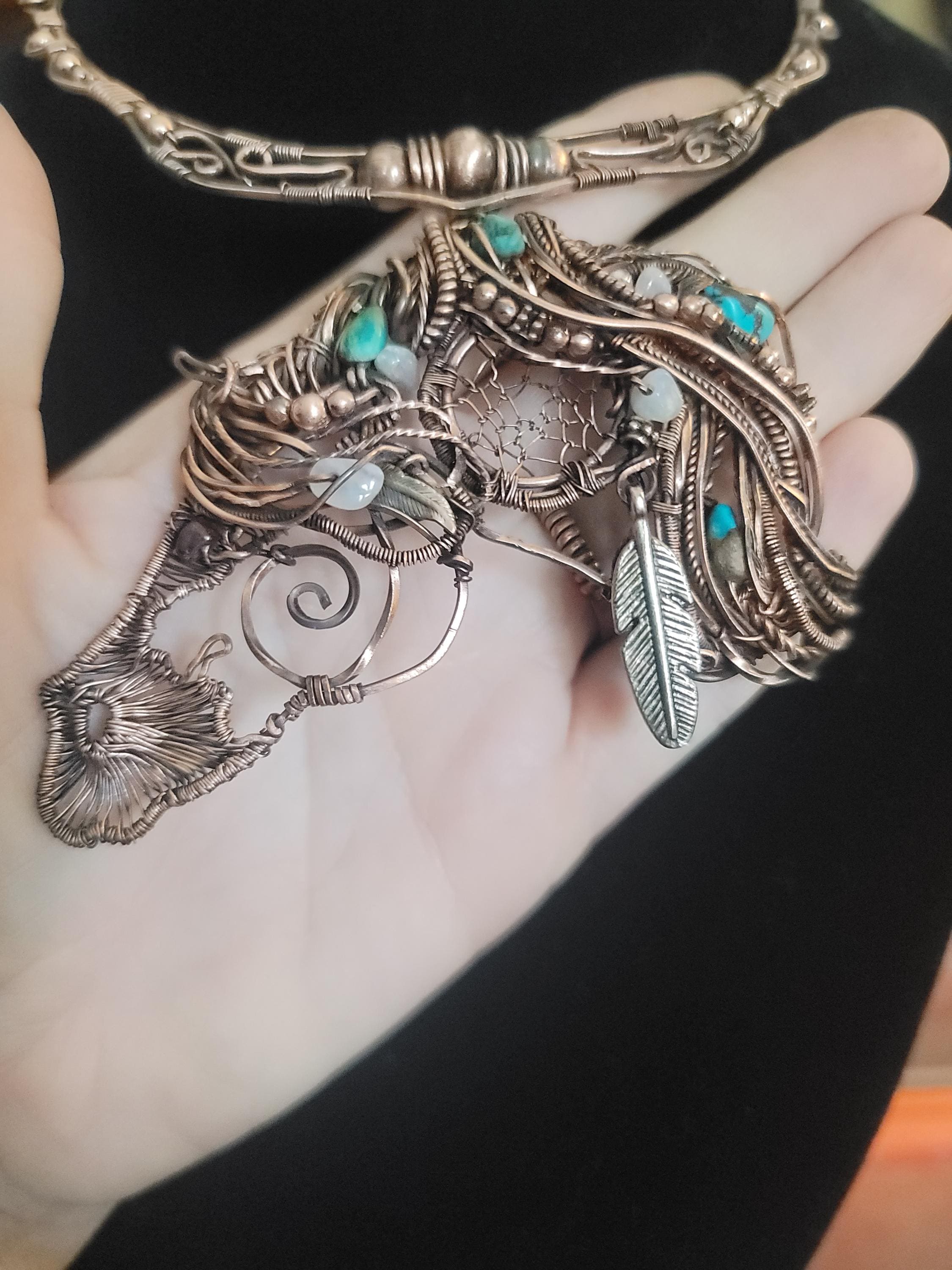 Copper Wire Horse Necklace, Sterling Silver Feather, Turquoise Equestrian Pendant