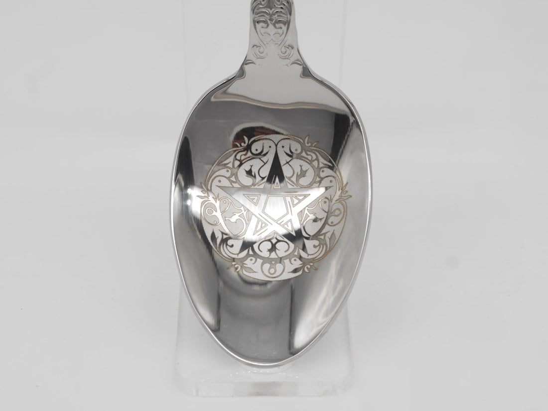 Ornate Pentagram Witches Teaspoon For Stirring In Intent - Engraved Stainless Steel