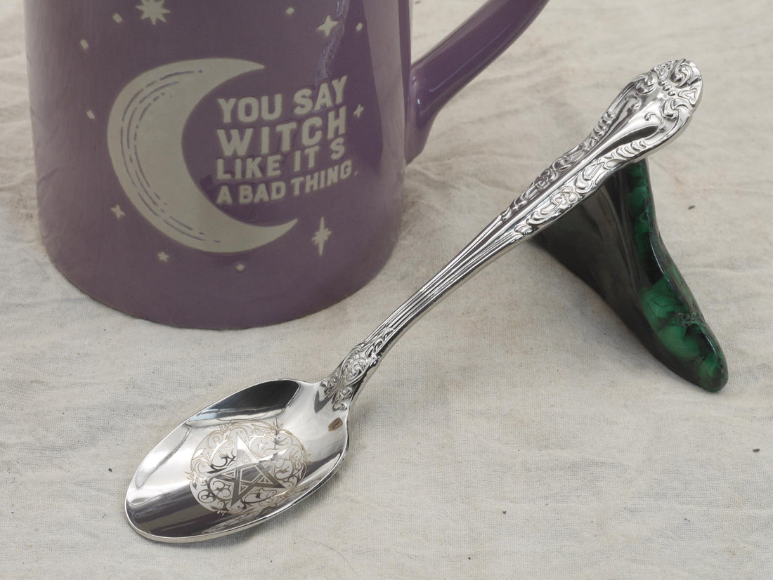 Ornate Pentagram Witches Teaspoon For Stirring In Intent - Engraved Stainless Steel