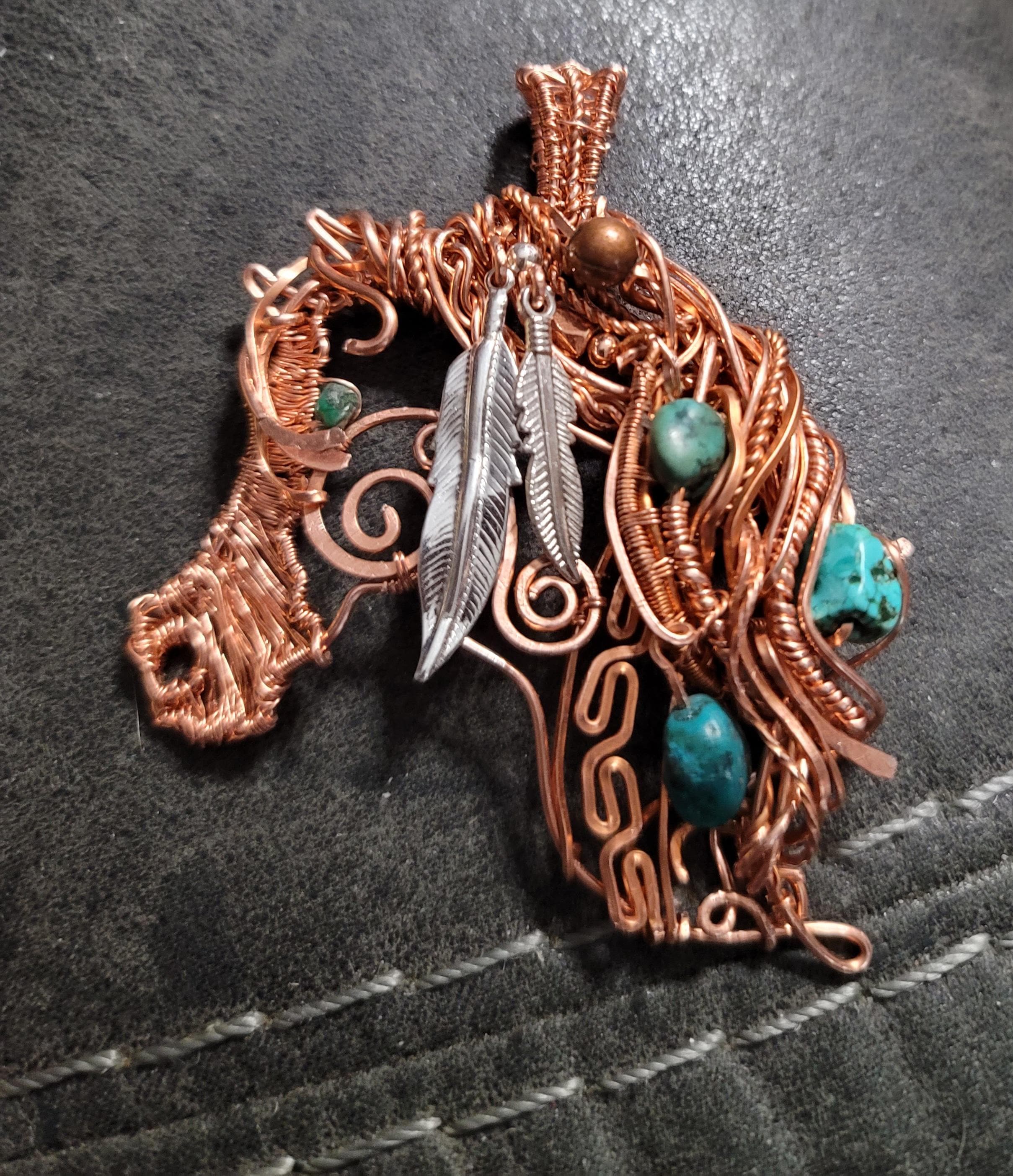 Copper silver mustang horse necklace,horse pendant,equestrian gifts for trainers,horse gifts women, Indian pony, turquoise unique, western