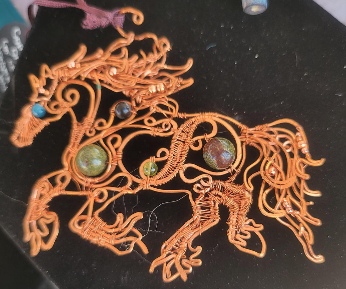 Copper Wire Horse Necklace, horse ornament, horse gifts, blue lace agate wild fresian horse running,dragonsblood Equestrian Pendant