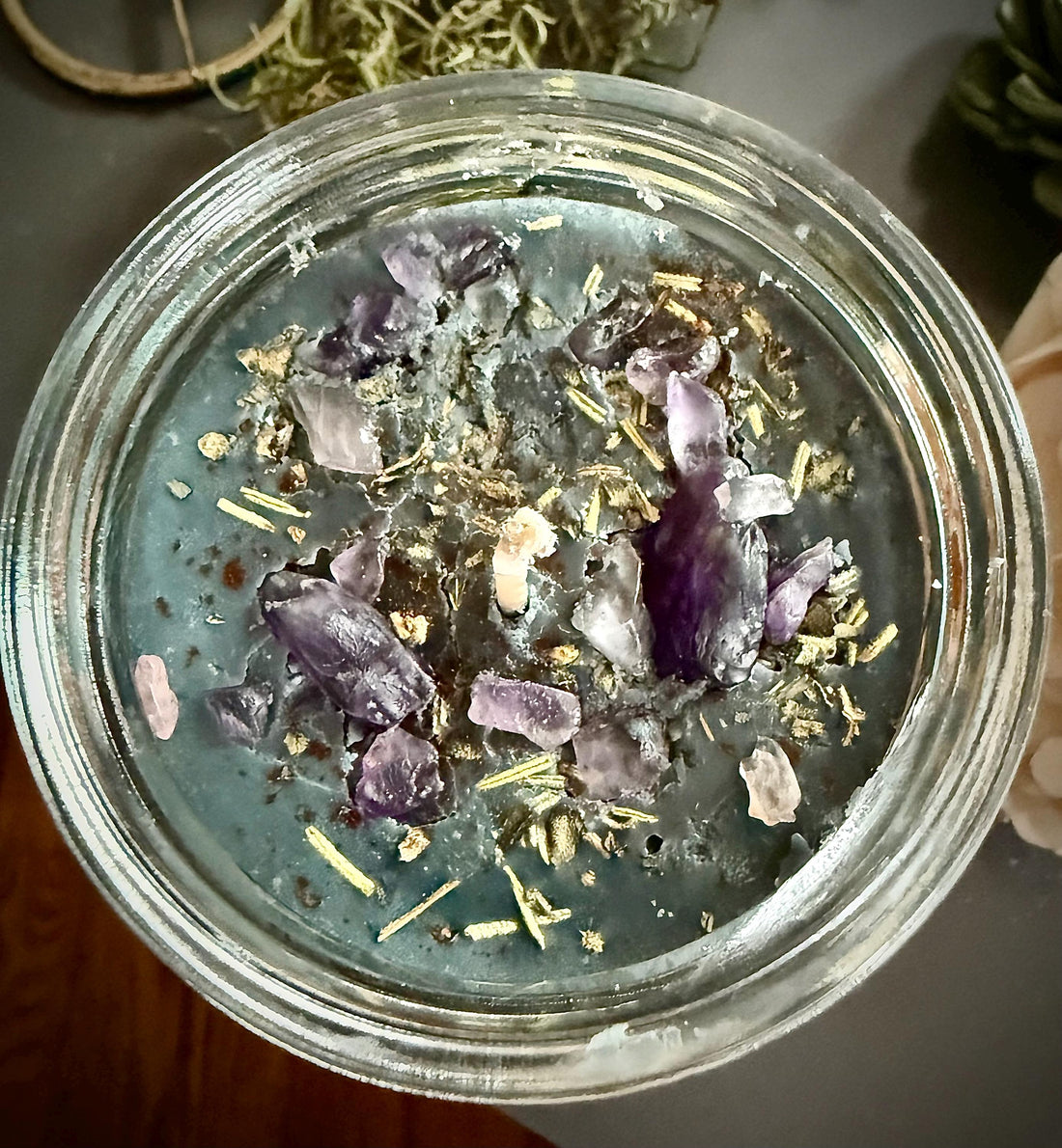 Goddess Hekate Black Soy Candle with Key Charm, Herbs, and Amethyst Crystal Chips.