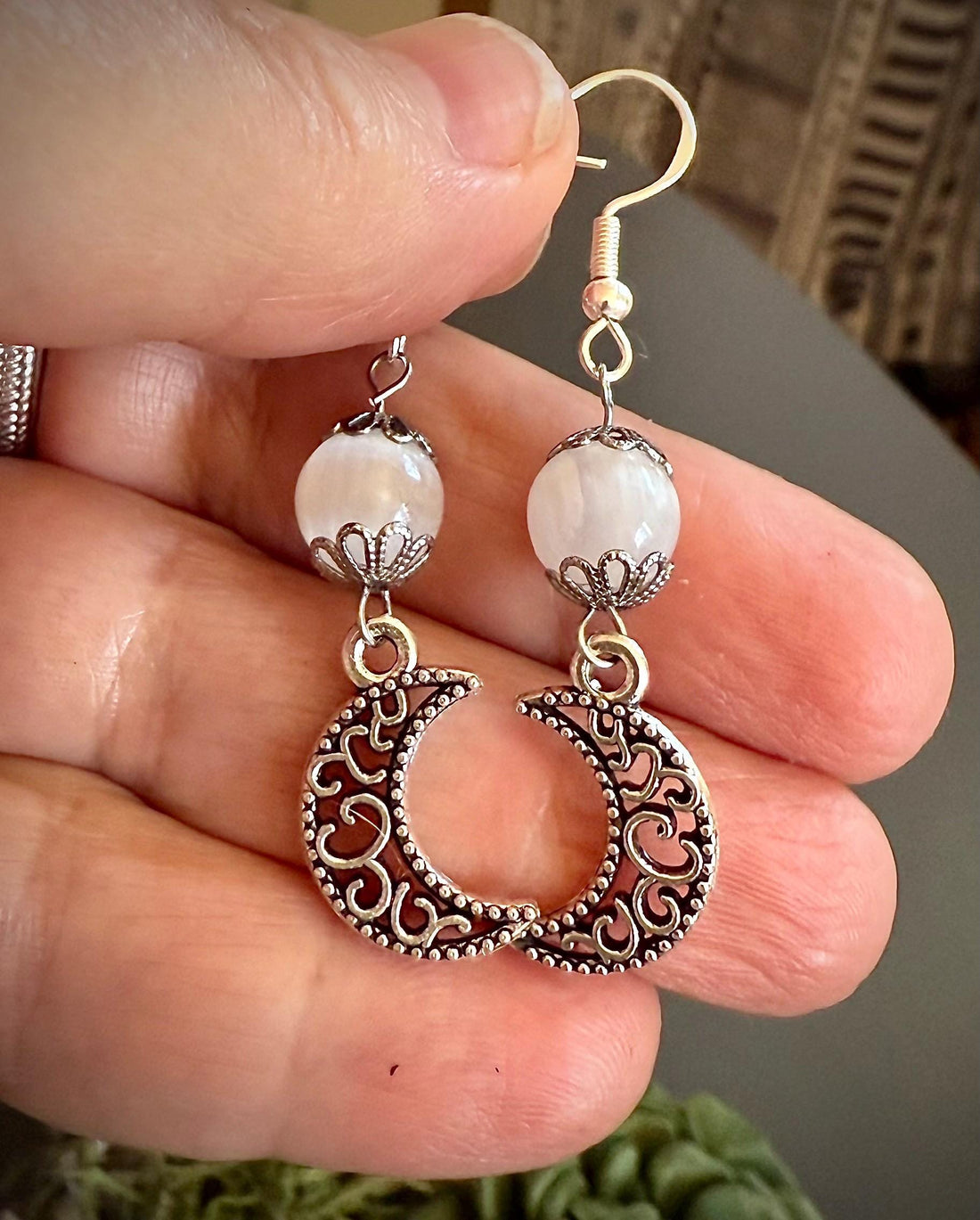 Selenite  Gemstone Crescent Moon Dangle Earrings.