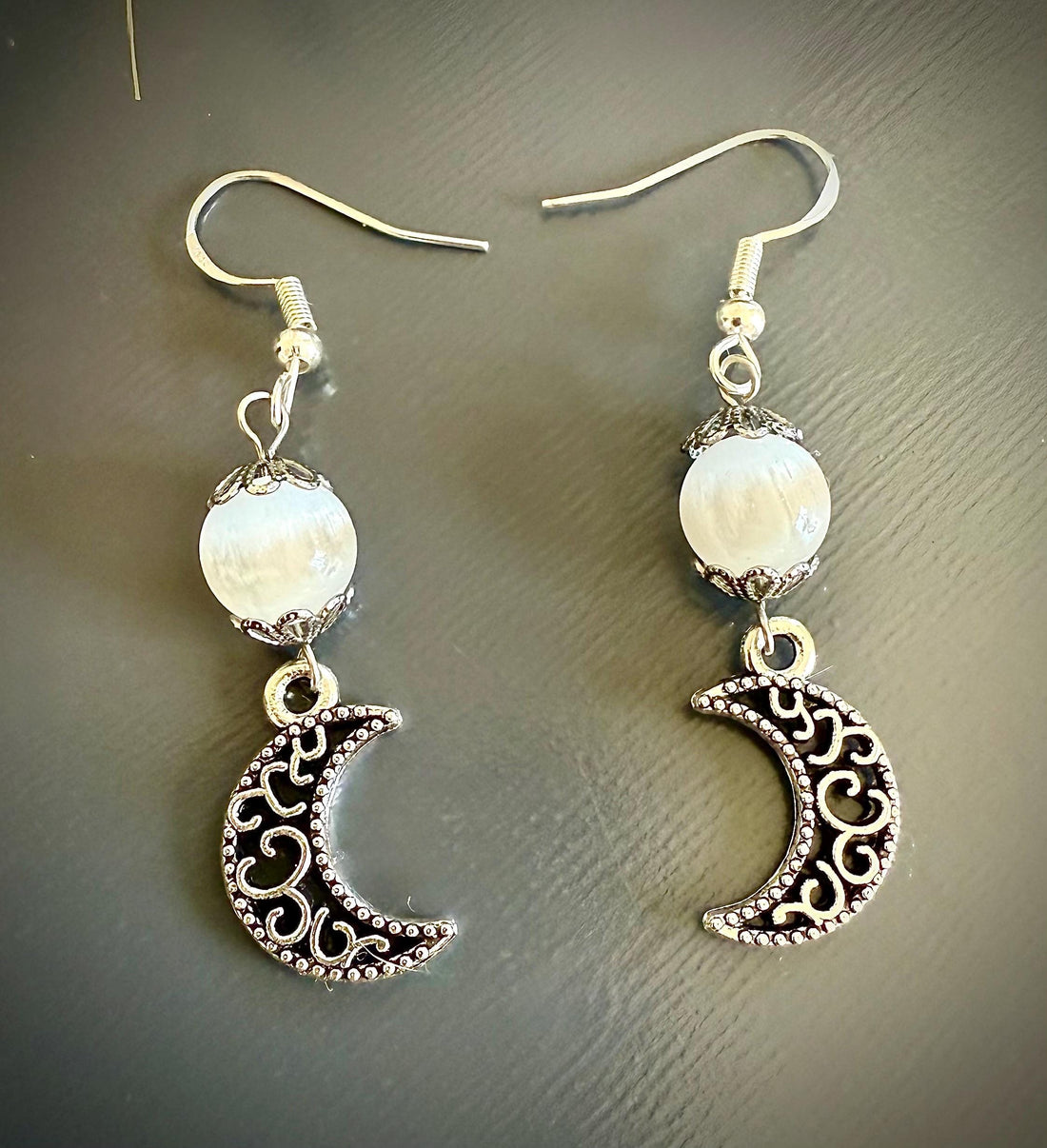 Selenite  Gemstone Crescent Moon Dangle Earrings.