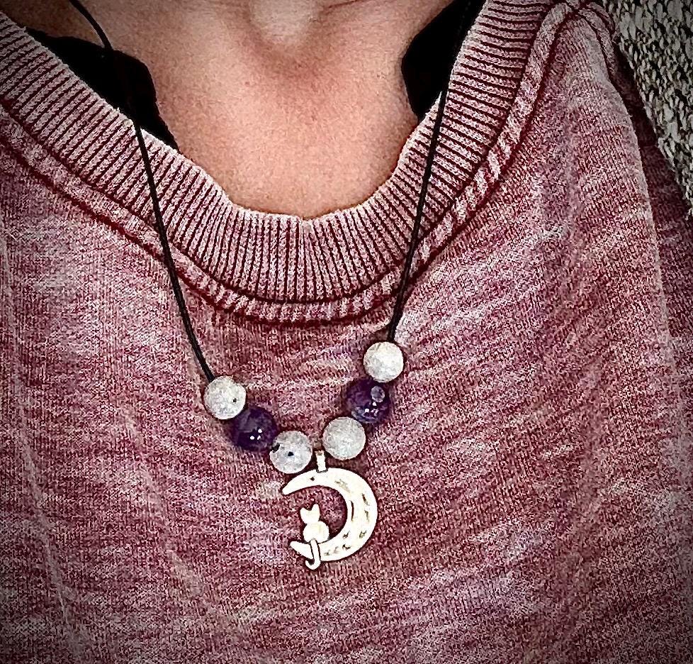 Crescent Moon Cat Pendant Necklace with Moonstone and Amethyst Beads.