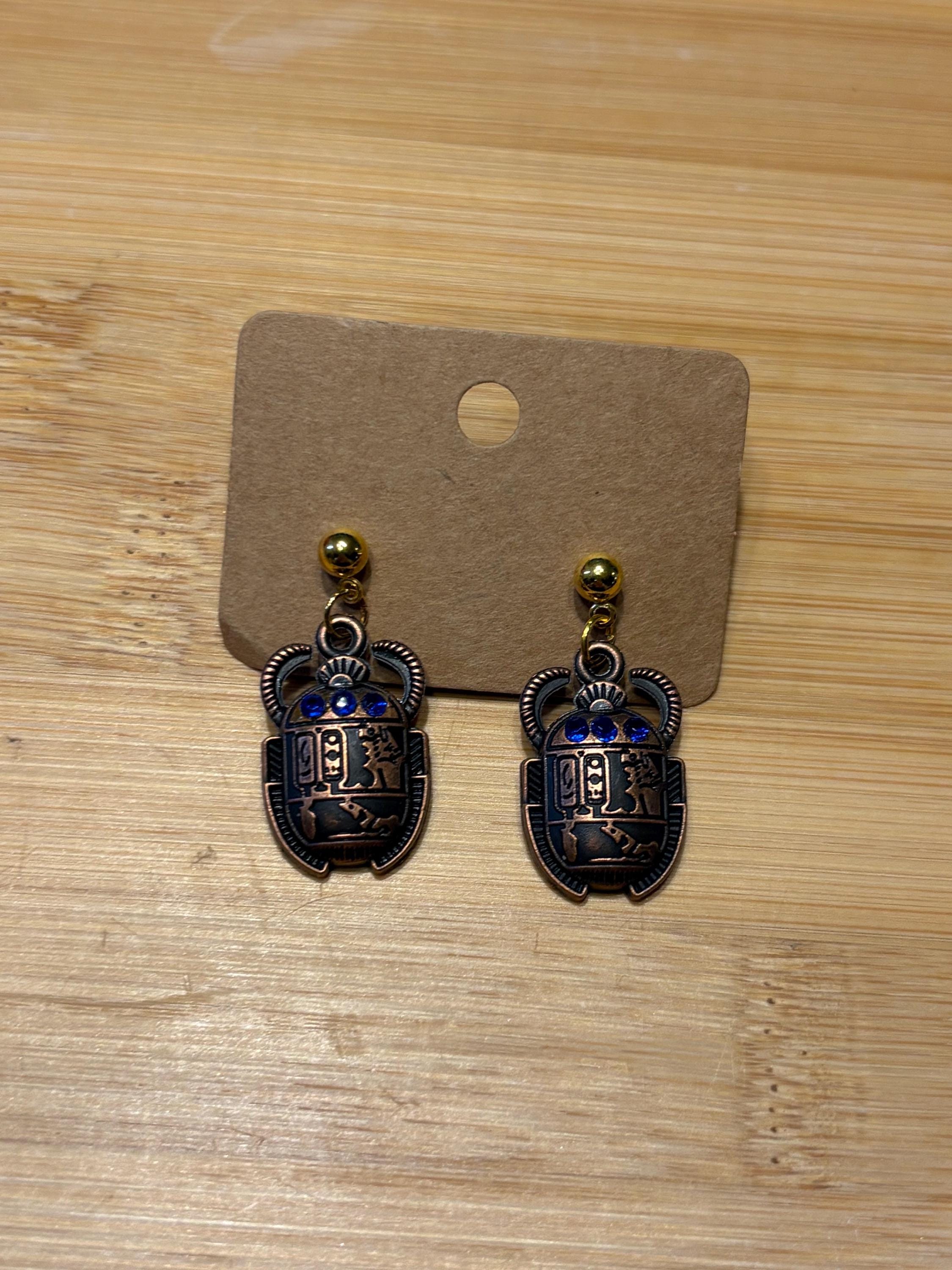 Blue Scarabs - Handmade Beaded Earrings