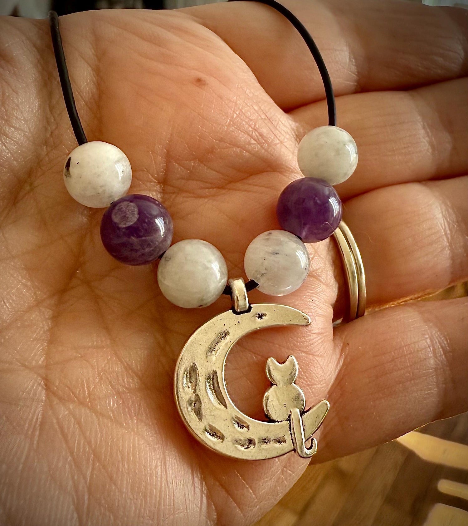 Crescent Moon Cat Pendant Necklace with Moonstone and Amethyst Beads.
