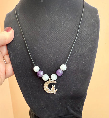 Crescent Moon Cat Pendant Necklace with Moonstone and Amethyst Beads.
