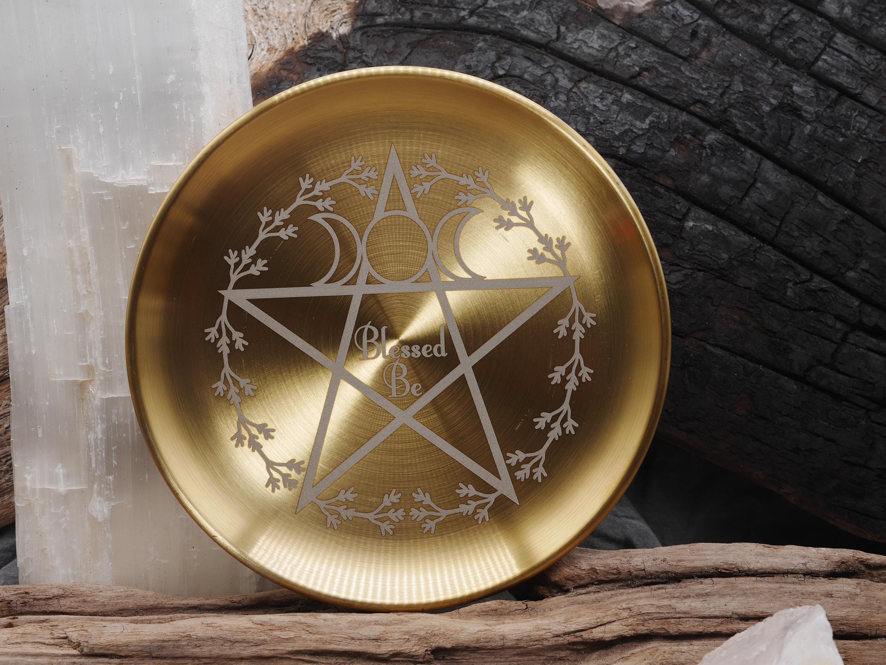 Gold Tone Blessed Be with Pentagram and Wreath Stainless Steel Altar Tray