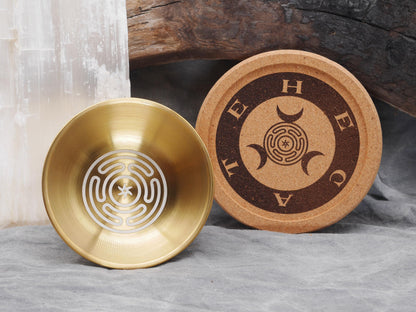 Gold Tone Hecate Mini Altar Set - Offering / Candle Bowl and Cork Tray