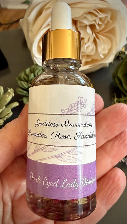 Goddess Invocation Ritual Anointing Oil with Essential Oils, Dried Rose and Lavender Petals.