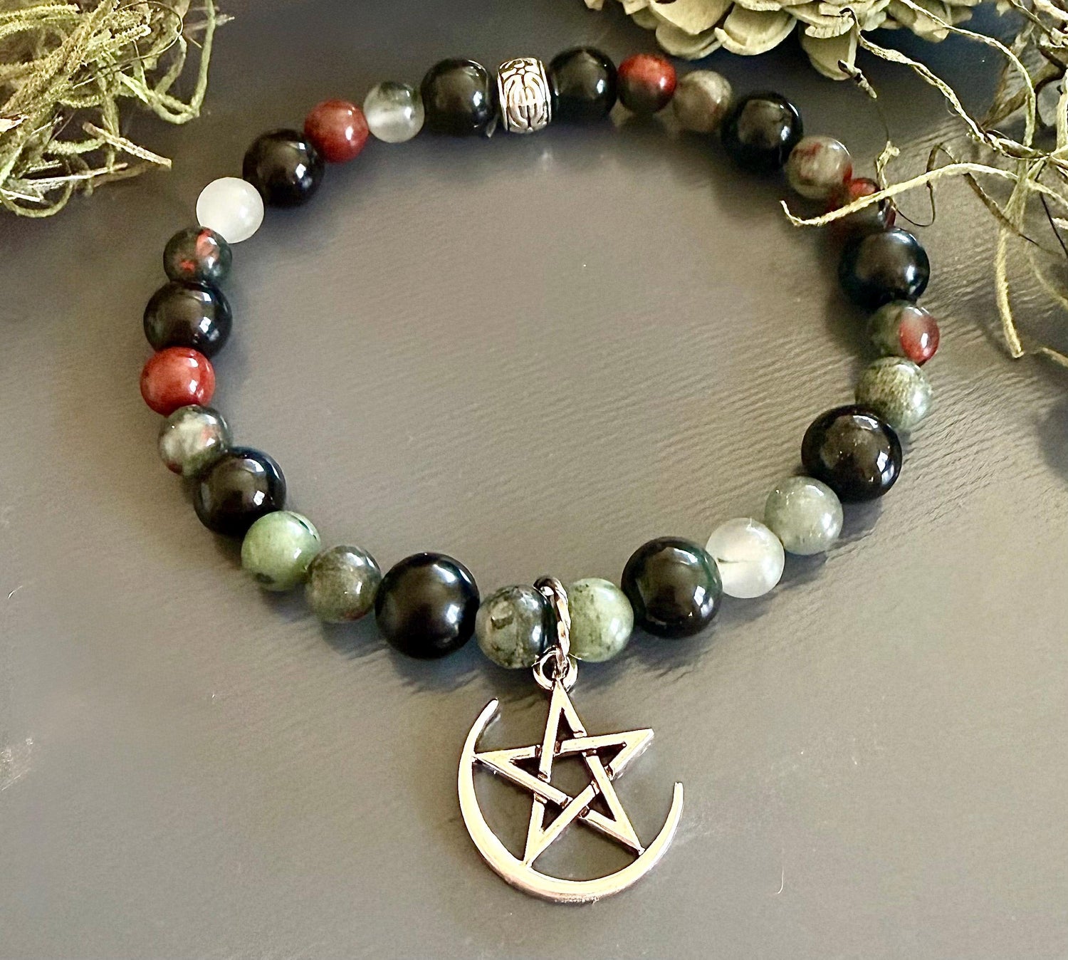 Dragon Bloodstone Jasper Bracelet with Pentacle Charm.