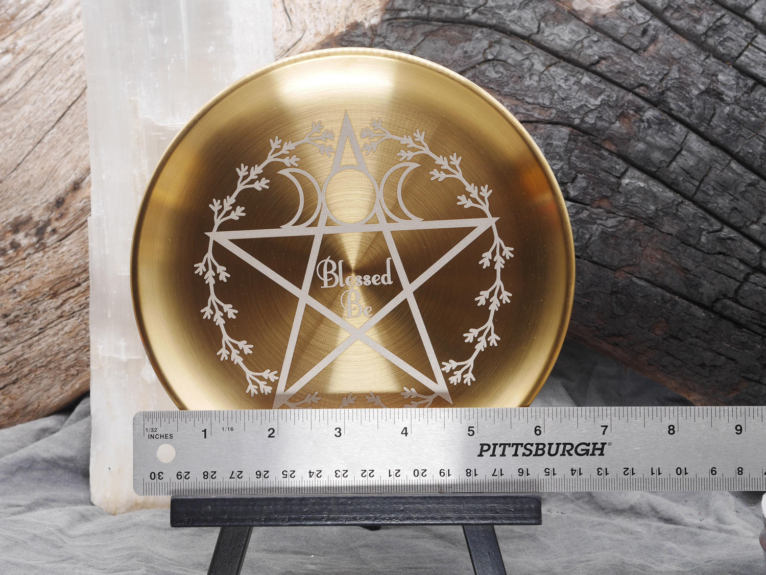 Gold Tone Blessed Be with Pentagram and Wreath Stainless Steel Altar Tray